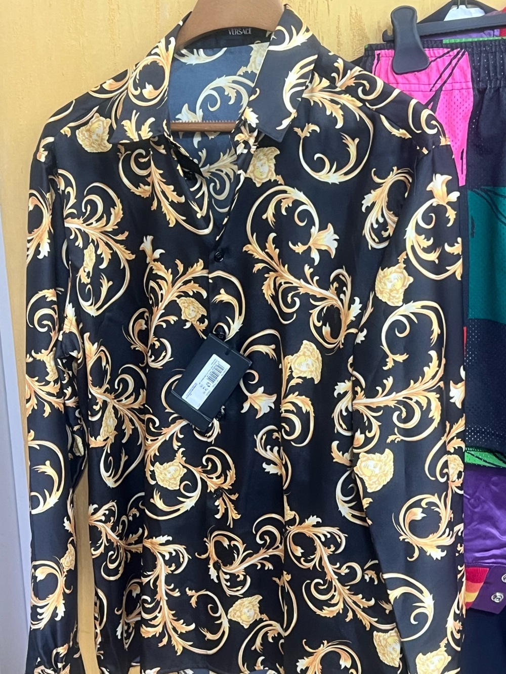 Versace Black and Gold Baroque Scroll Button-Up Shirt